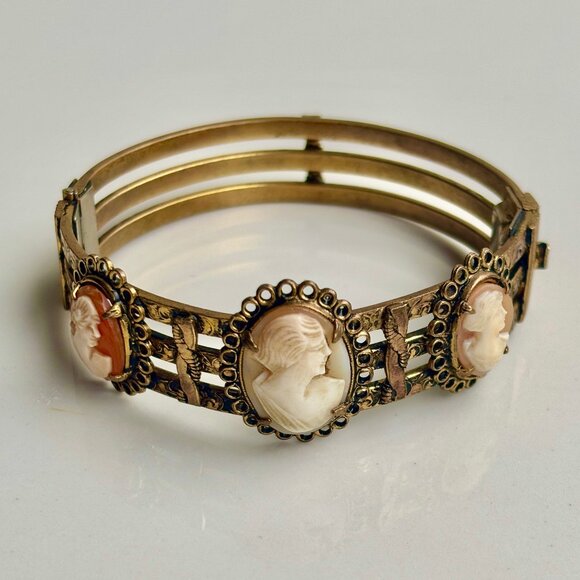 Vintage Gold-Tone Cameo Hinge Bangle Bracelet, Victorian Style - Picture 1 of 7